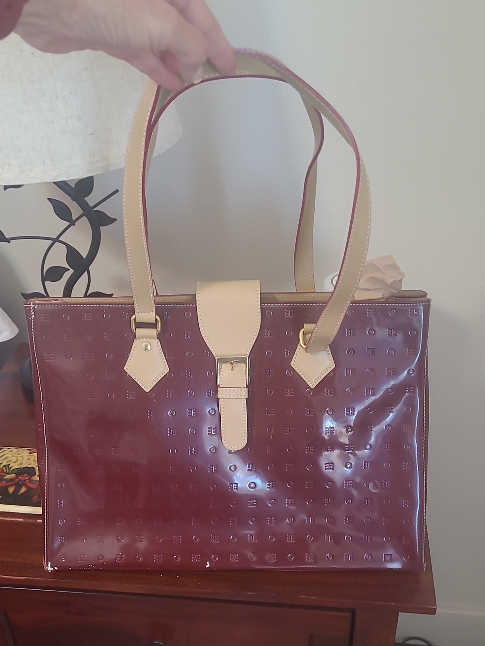 Arcadia Burgundy Patent Tote with Cream Trim